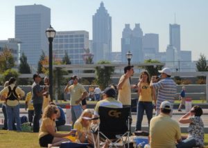081004-ATLANTA-GA- The new 5th Street Bridge was a popular spot for Georgia Tech fans tailgating for the Duke game Saturday October 4,2008. The DOT widened the bridge in 2006 and made a park with grass and nice sidewalks and places to hang out. (Becky Stein/special)